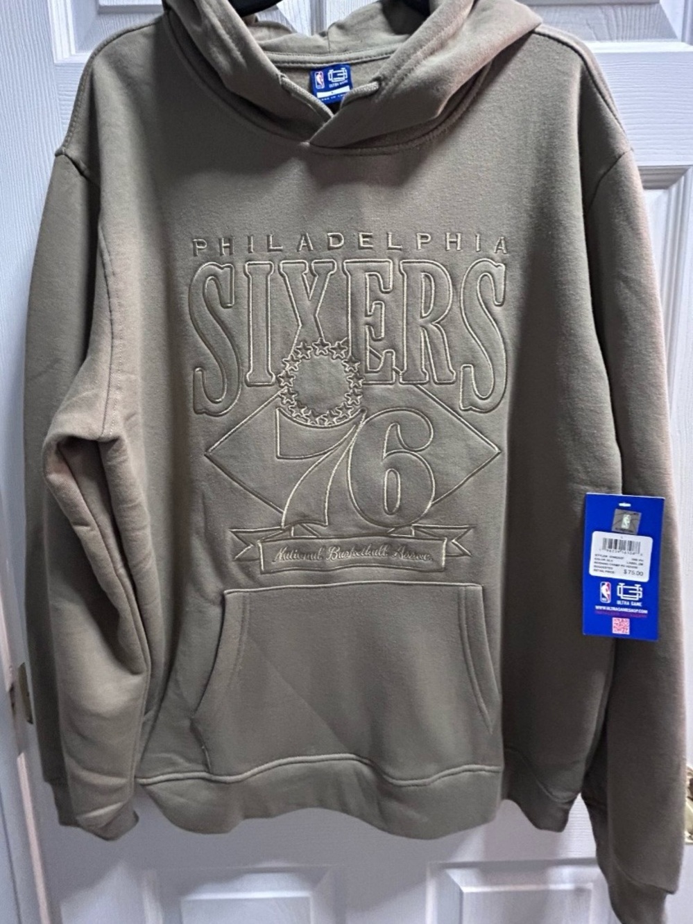 NBA Philadelphia 76ers Tan Embroidered Hoodie - Size M NWT